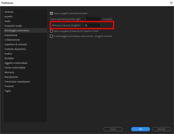 Come impostare salvataggi automatici Premiere Pro - STEP 4 - Massimo versioni proeggetto Come impostare salvataggi automatici Premiere Pro - STEP 4 - Massimo versioni proeggetto
