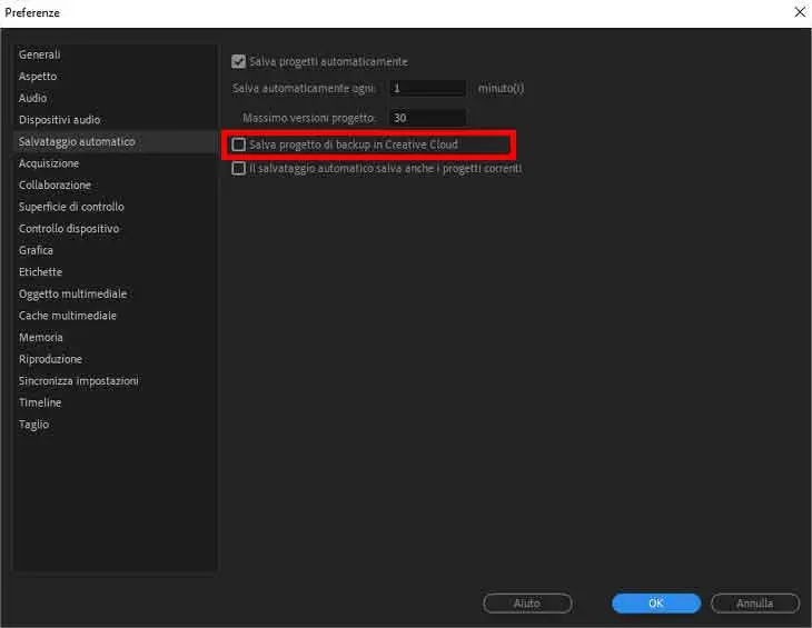 Come impostare salvataggi automatici Premiere Pro - STEP 5 - Salva progetto di Backup in Creative Cloud Come impostare salvataggi automatici Premiere Pro - STEP 5 - Salva progetto di Backup in Creative Cloud