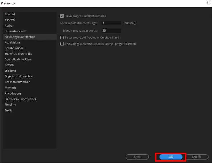 Come impostare salvataggi automatici Premiere Pro - STEP 6 - Clicca su OK Come impostare salvataggi automatici Premiere Pro - STEP 6 - Clicca su OK