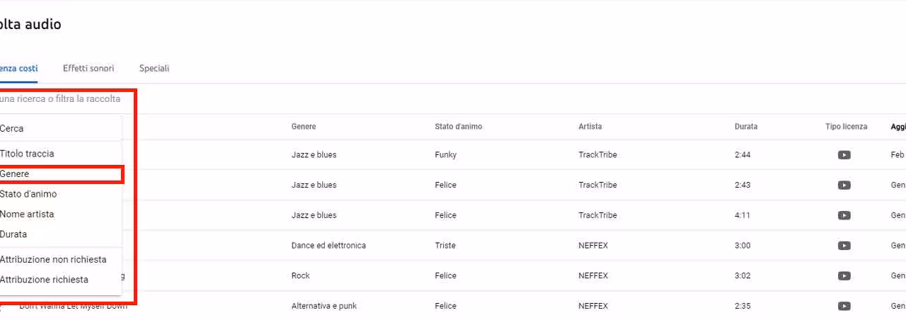 Come usare Youtube Studio per scaricare musica gratis per i video - STEP 3 - Cerca con filtri