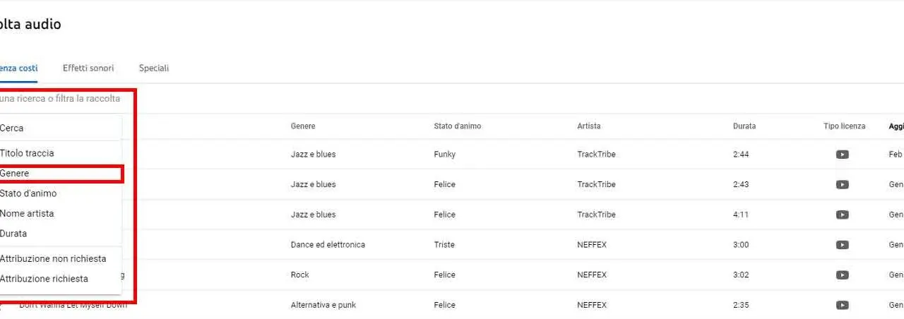 Come usare Youtube Studio per scaricare musica gratis per i video - STEP 3 - Cerca con filtri