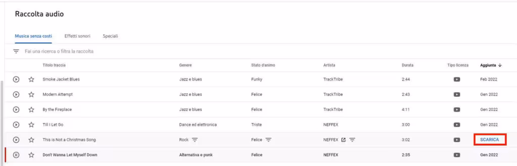 Come usare Youtube Studio per scaricare musica gratis per i video - STEP 5 - Scarica il brano