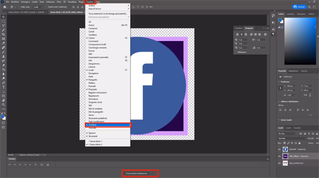 Come creare gif animate con Photoshop - STEP 4 - Apri la timeline di Photoshop e crea animazione fotogrammi