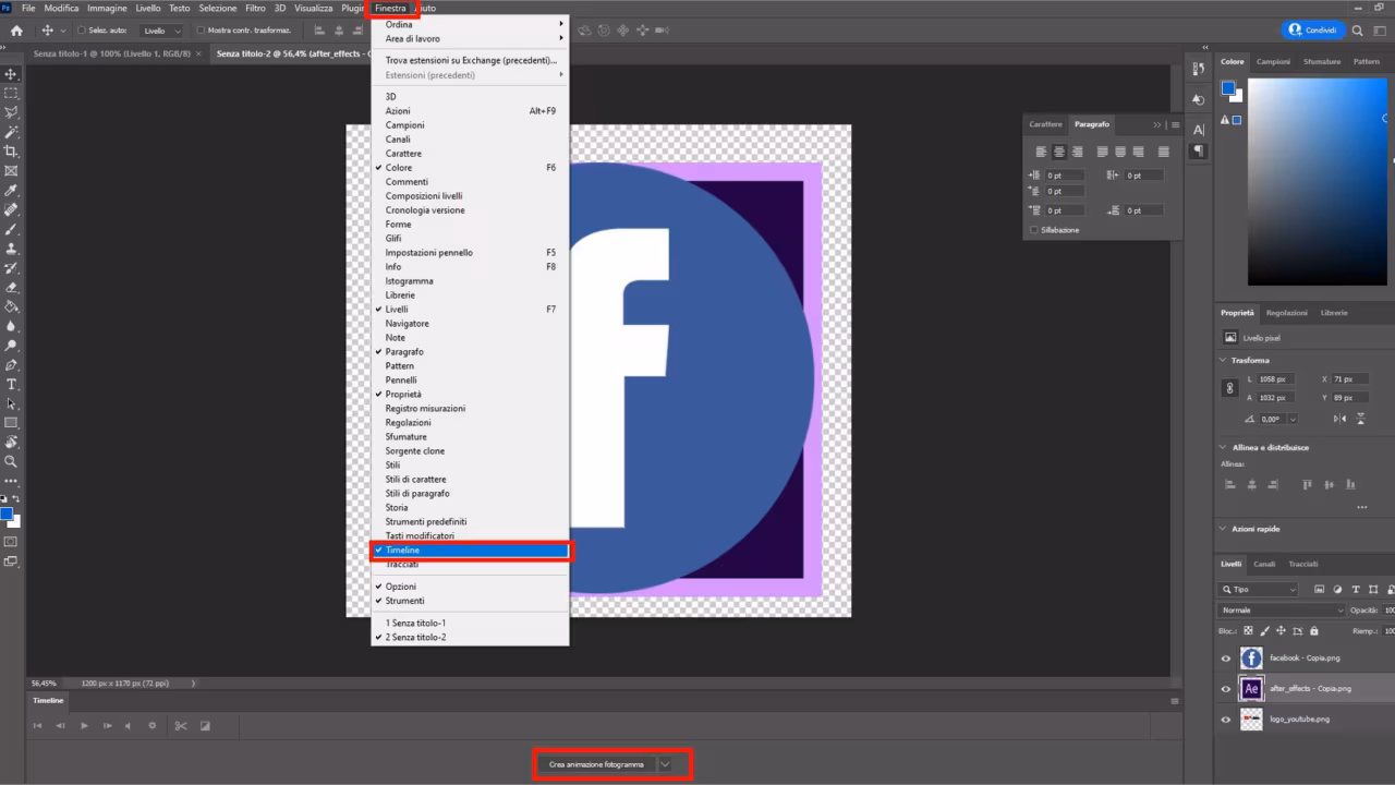 Come creare gif animate con Photoshop - STEP 4 - Apri la timeline di Photoshop e crea animazione fotogrammi