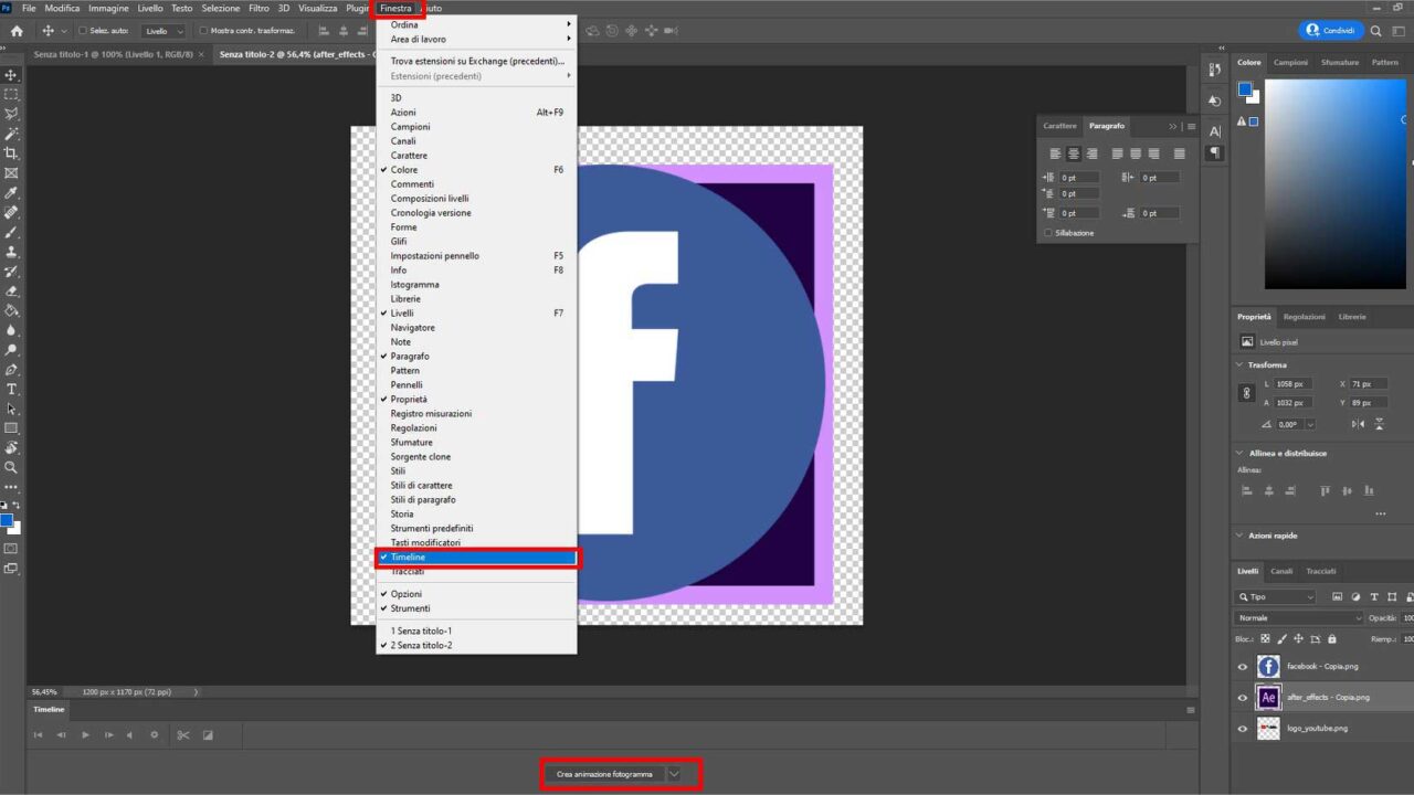 Come creare gif animate con Photoshop - STEP 4 - Apri la timeline di Photoshop e crea animazione fotogrammi