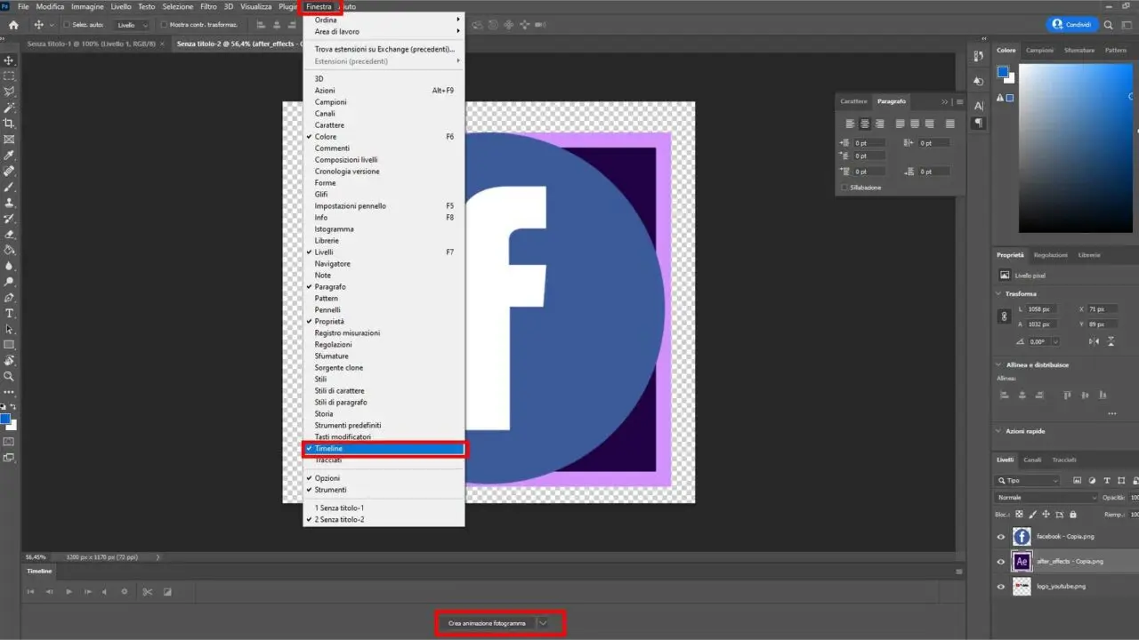 Come creare gif animate con Photoshop - STEP 4 - Apri la timeline di Photoshop e crea animazione fotogrammi