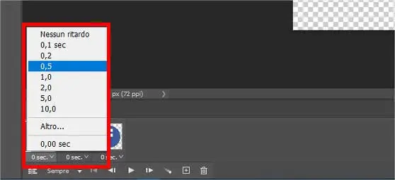 Come creare gif animate con Photoshop - STEP 6 - Imposta durata fotogramma Come creare gif animate con Photoshop - STEP 6 - Imposta durata fotogramma