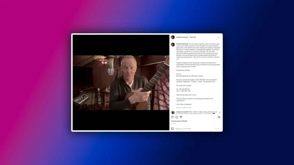 Sting torna a cantare “Russians”. Su Instagram ad accompagnare il video l’invito ad aiutare gli ucraini