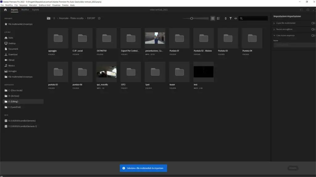 Il nuovo pannello per l'import di video in Adobe Premiere Pro 22.3