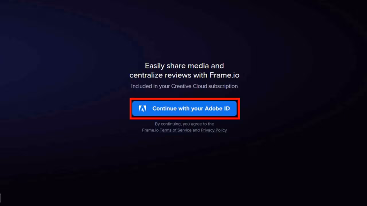 Frame.io e Premiere Pro: Step 2 - Effettua il login a frame.io con le credenziali Adobe