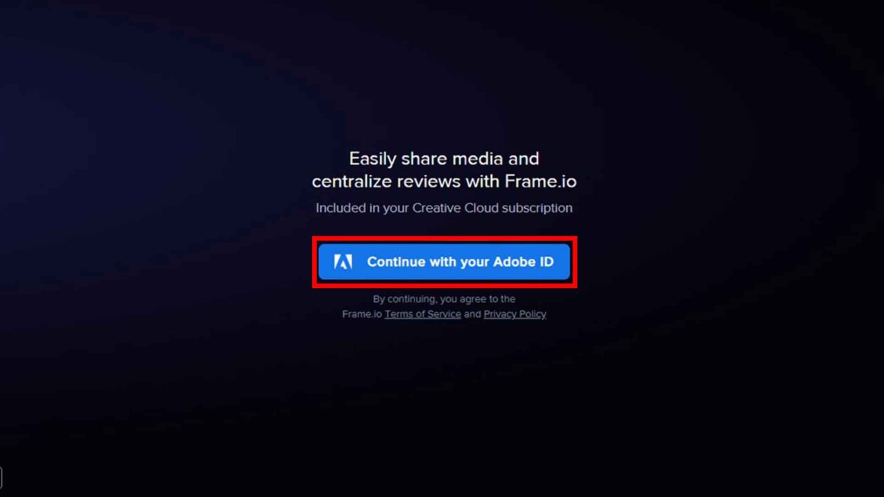Frame.io e Premiere Pro: Step 2 - Effettua il login a frame.io con le credenziali Adobe