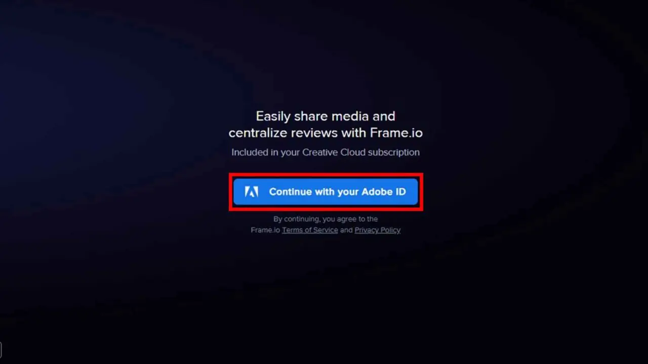 Frame.io e Premiere Pro: Step 2 - Effettua il login a frame.io con le credenziali Adobe