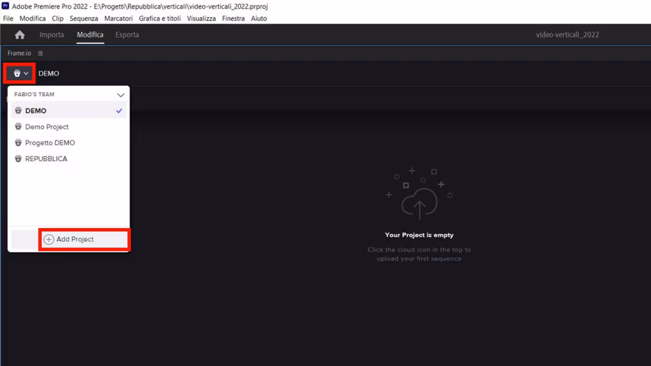 Frame.io e Premiere Pro: Step 3 - Crea un nuovo progetto frame.io