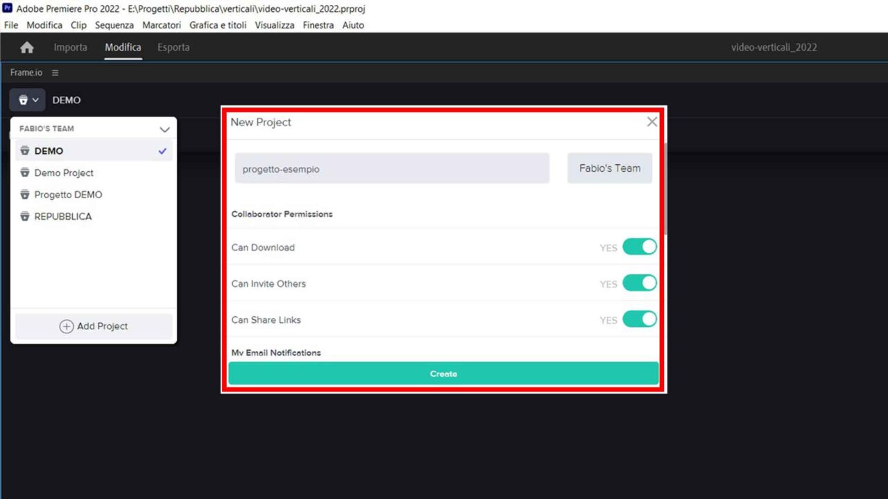 Frame.io e Premiere Pro: Step 4 - Scegli le impostazioni del nuovo progetto frame.io