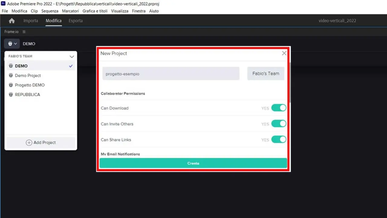Frame.io e Premiere Pro: Step 4 - Scegli le impostazioni del nuovo progetto frame.io