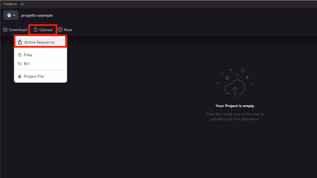 Frame.io e Premiere Pro: Step 5 - Carica la sequenza attiva o una clip nel cloud frame.io