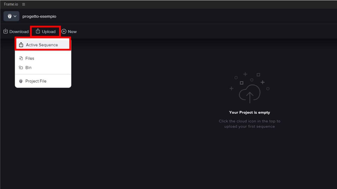 Frame.io e Premiere Pro: Step 5 - Carica la sequenza attiva o una clip nel cloud frame.io