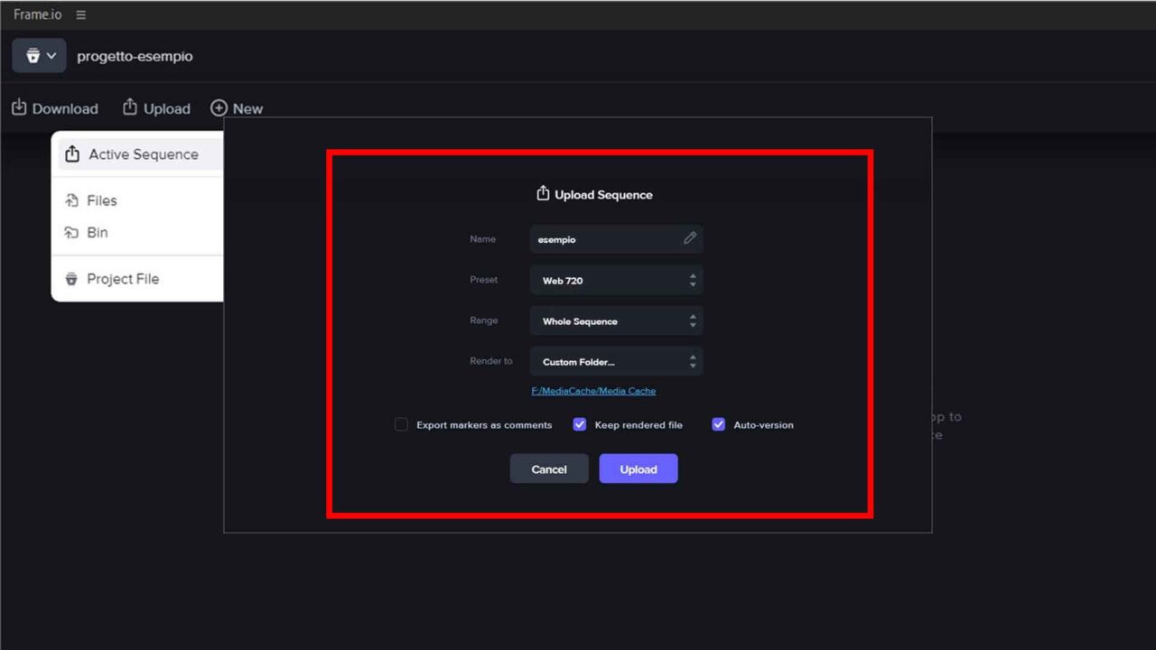 Frame.io e Premiere Pro: Step 6 - Scegli le impostazioni di conversione della clip video da caricare