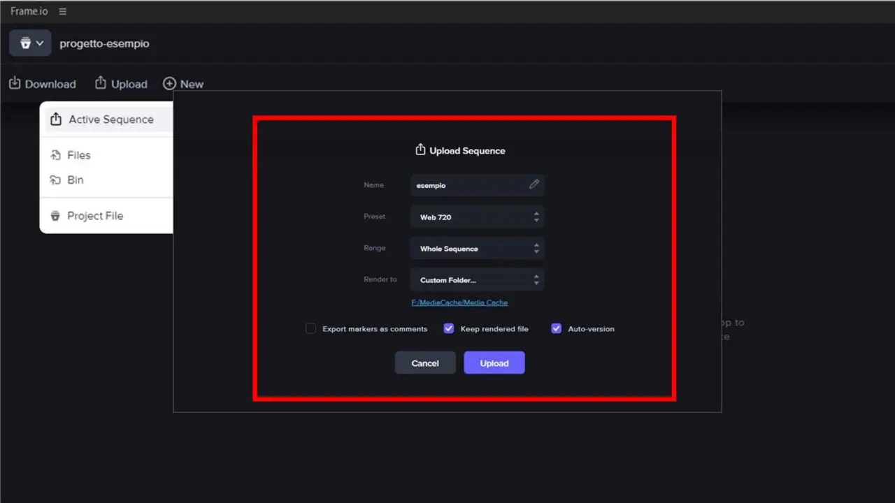 Frame.io e Premiere Pro: Step 6 - Scegli le impostazioni di conversione della clip video da caricare