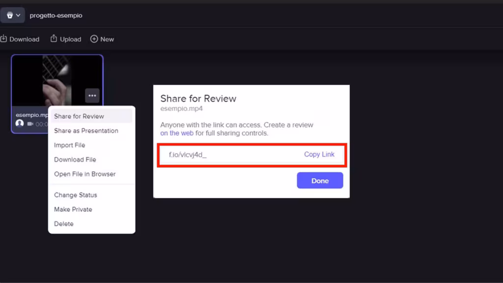 Frame.io e Premiere Pro: Step 9 - Prendi nota del link di condivisione