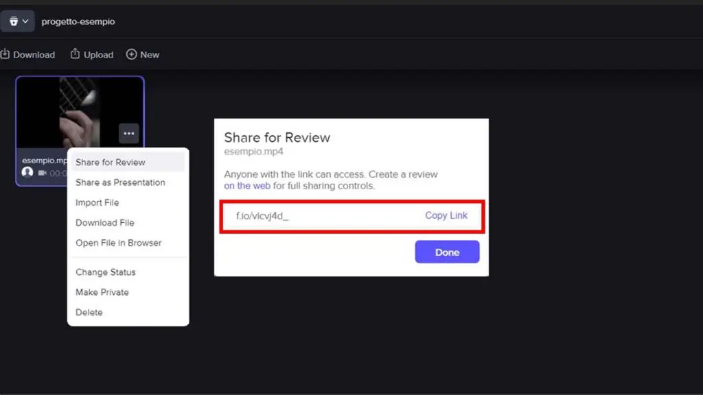 Step 9 - Prendi nota del link di condivisione Frame.io e Premiere Pro: Step 9 - Prendi nota del link di condivisione