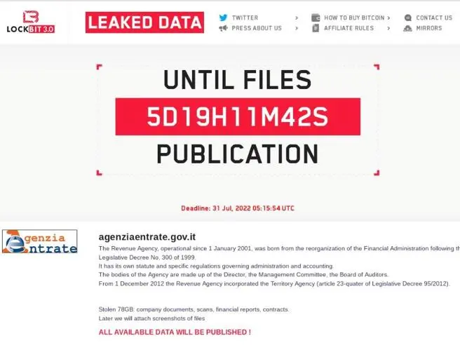 Attacco hacker all'Agenzia delel Entrate: la presunta rivendicazione del gruppo LockBit