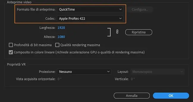 Novità Adobe Premiere Pro (23): rendering delle anteprime in formato Apple ProRes
