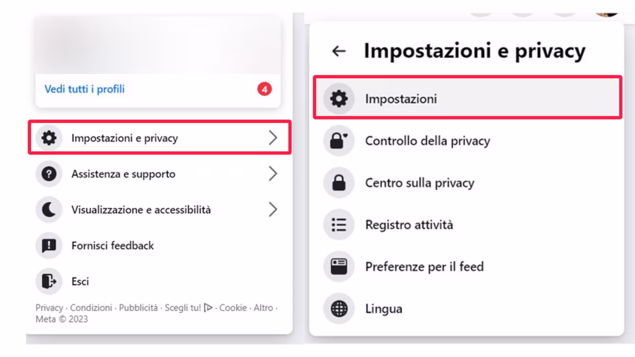 Step 1 - Andare nelle impostazioni di Facebook e accedere alla sezione della Privacy