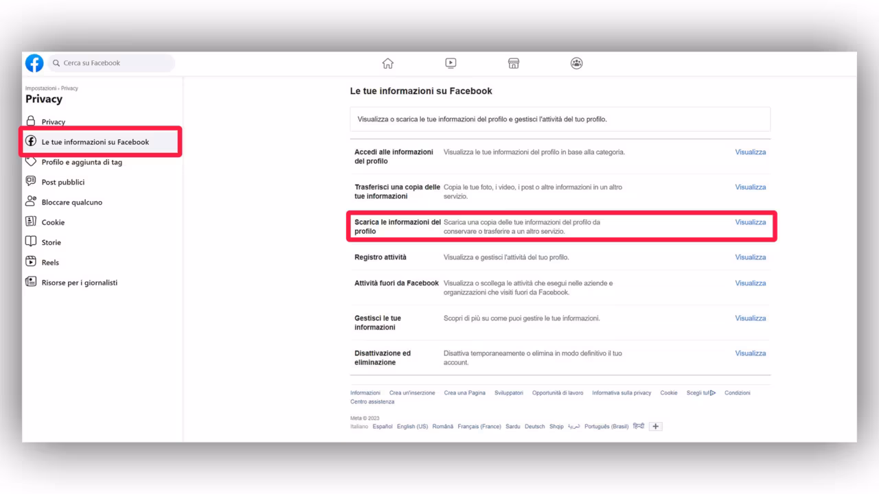 Step 2 - Andare alla sezione "Le tue informazioni su Facebook" quindi cliccare sul bottone "visualizza" alla voce "scarica le informazioni del profilo"