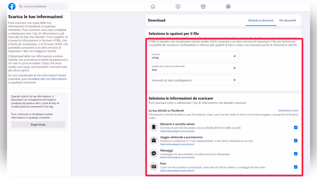 Step 3 - Impostare quali dati scaricare, il formato da usare (Html o Json) e l'intervallo temporale