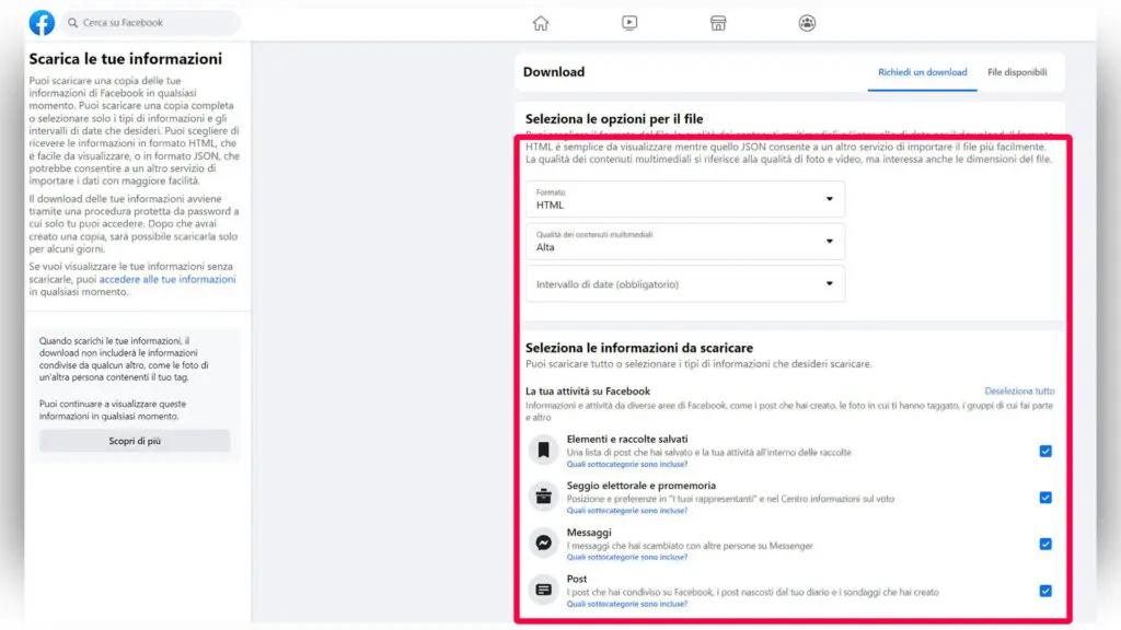 Step 3 - Impostare quali dati scaricare, il formato da usare (Html o Json) e l'intervallo temporale