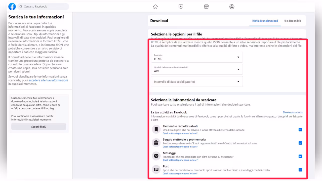 Step 3 - Impostare quali dati scaricare, il formato da usare (Html o Json) e l'intervallo temporale