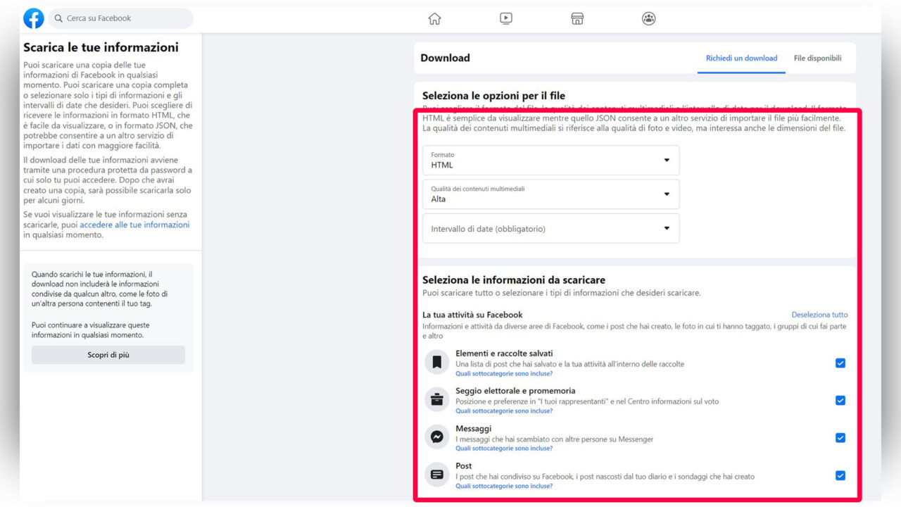 Step 3 - Impostare quali dati scaricare, il formato da usare (Html o Json) e l'intervallo temporale