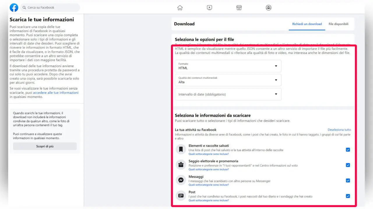 Step 3 - Impostare quali dati scaricare, il formato da usare (Html o Json) e l'intervallo temporale