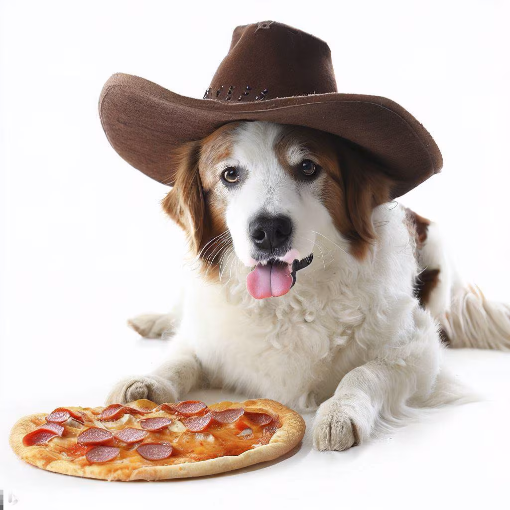 Un cane con cappello da Cowboy e una pizza. Immagine generata da Bing Creatore di immagini - Microsoft