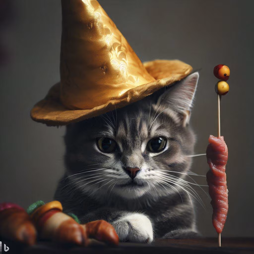 Un gatto con cappello e Kebab. Immagine creata dall'intelligenza artificiale di Bing Image Creator