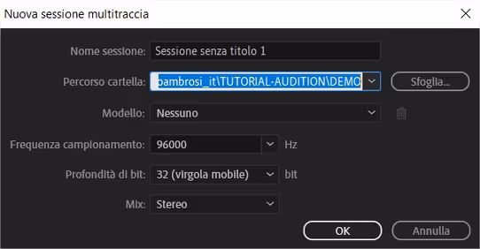 Impostazioni per creare progetto multitraccia in Aadobe Audition
