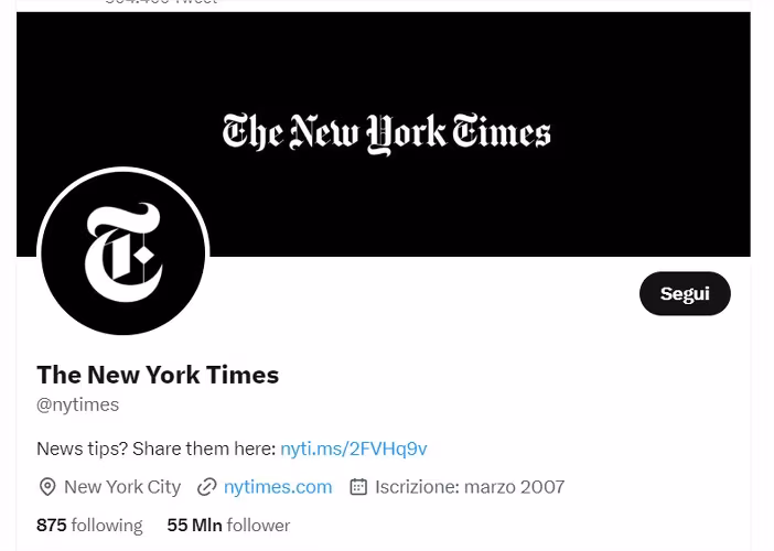 Il New York Times perde la spunta blu su twitter: non ha pagato il nuovo servizio Twitter Blue